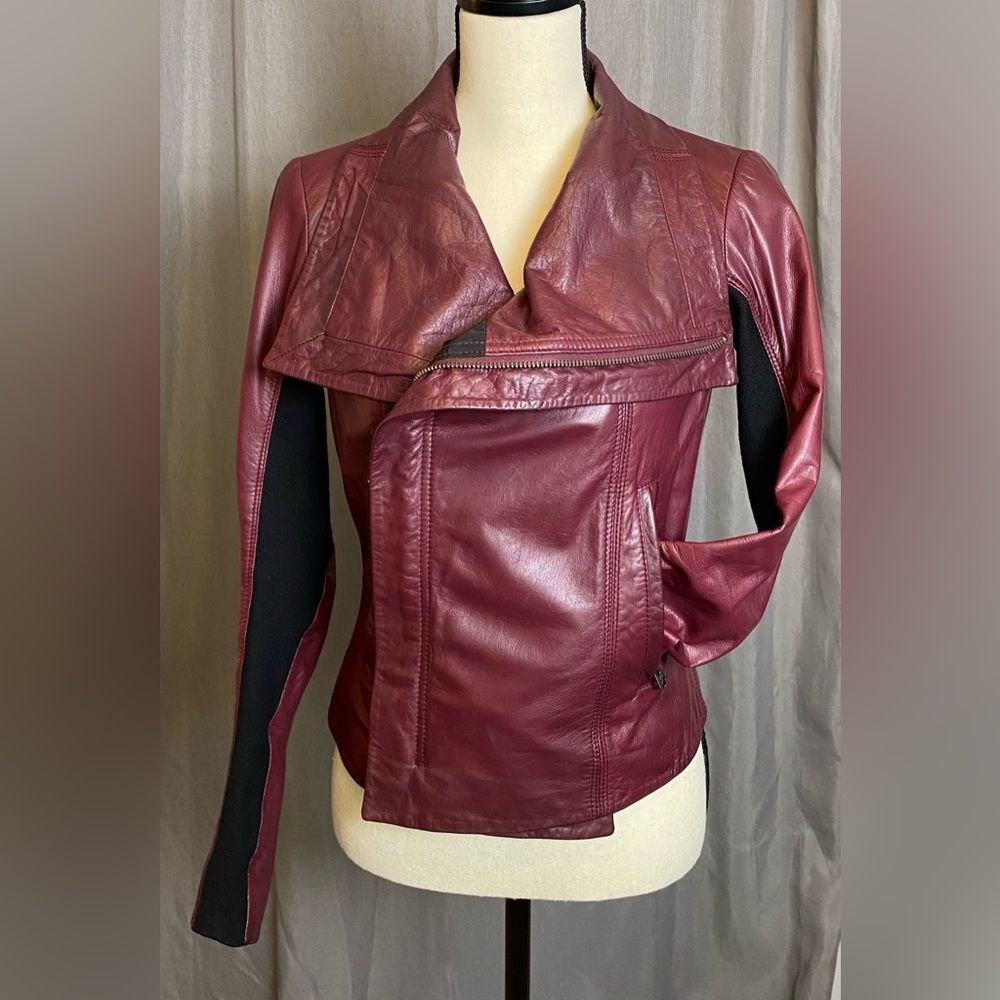 June Leather Biker Moto Jacket in Burgundy Small